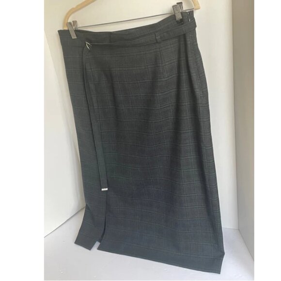 Max Mara Midi Skirt Large Green Plaid Wool Blend Straight Belted Lined Large - Picture 10 of 10